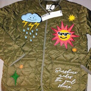 First Row Olive Green Embroidered Puffer Jacket - Sun & Cloud Motif